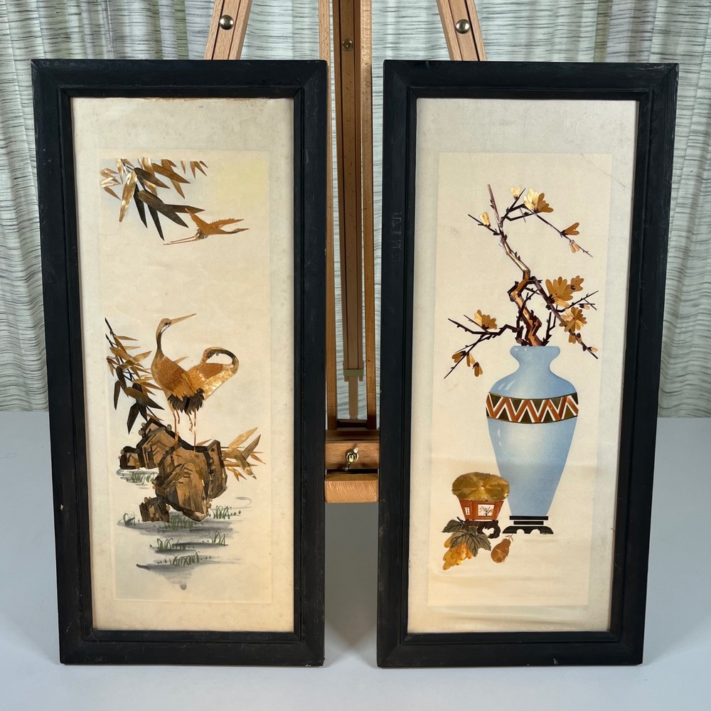 Wheat Straw Art Set of 2 Chinese Framed Panels H 21.5 in x W 10 in, Vintage